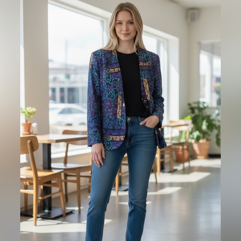Vintage 80s Blazer, blue and purple with Gold Embellishments
